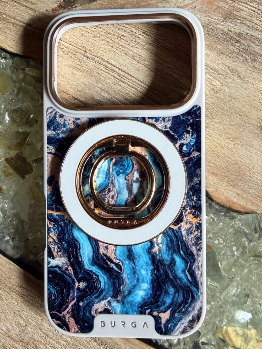 Burga iPhone 17 Pro Case blue mystic river WITH gold and white Magnetic Ring